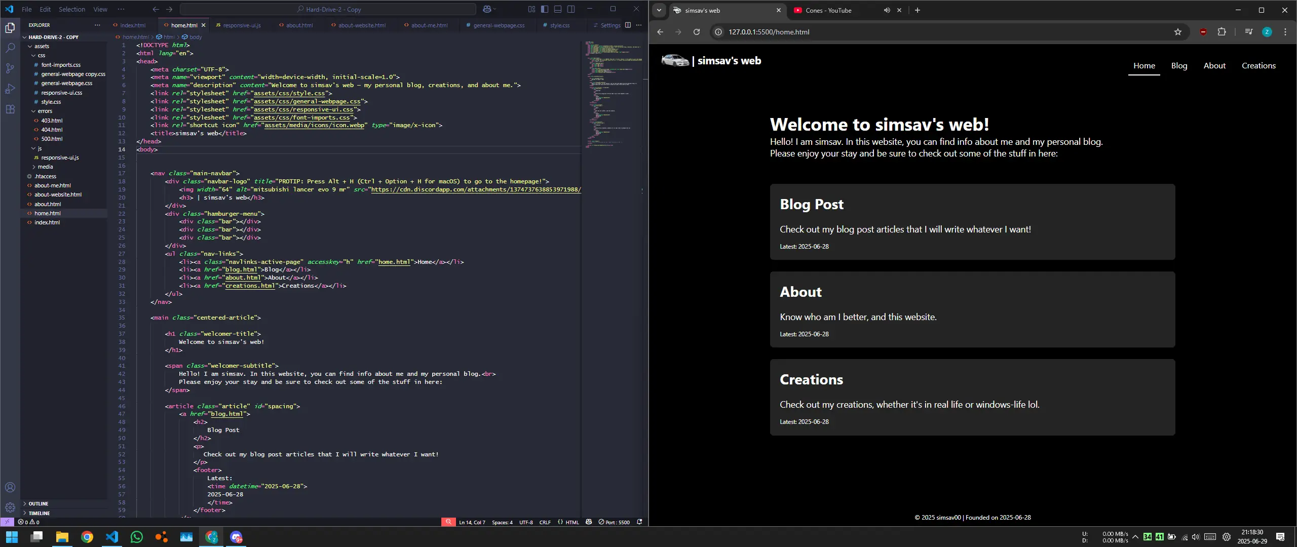 screenshot of the homepage and the source code of it side-by-side