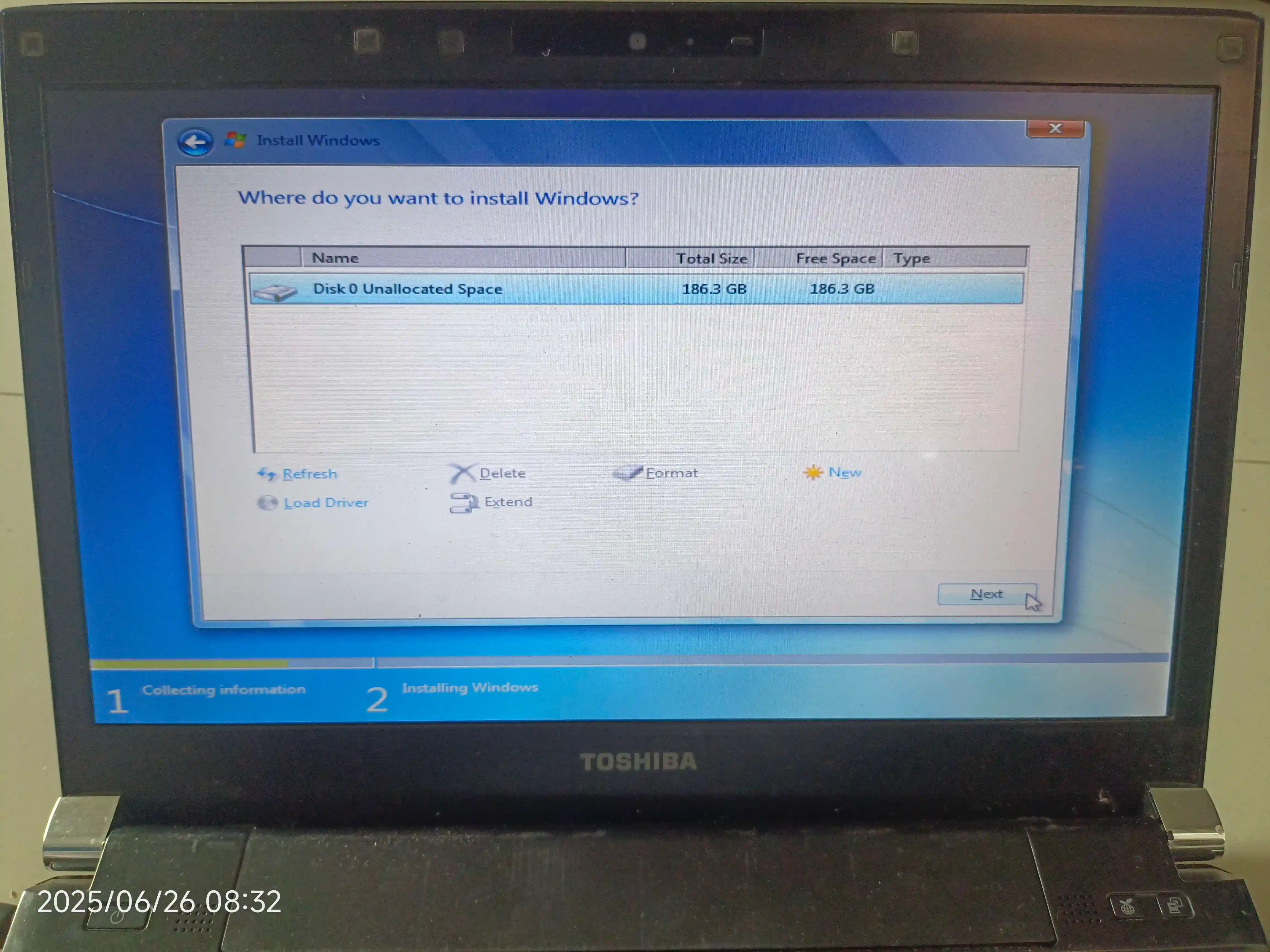 the screen shows few disks where to install windows