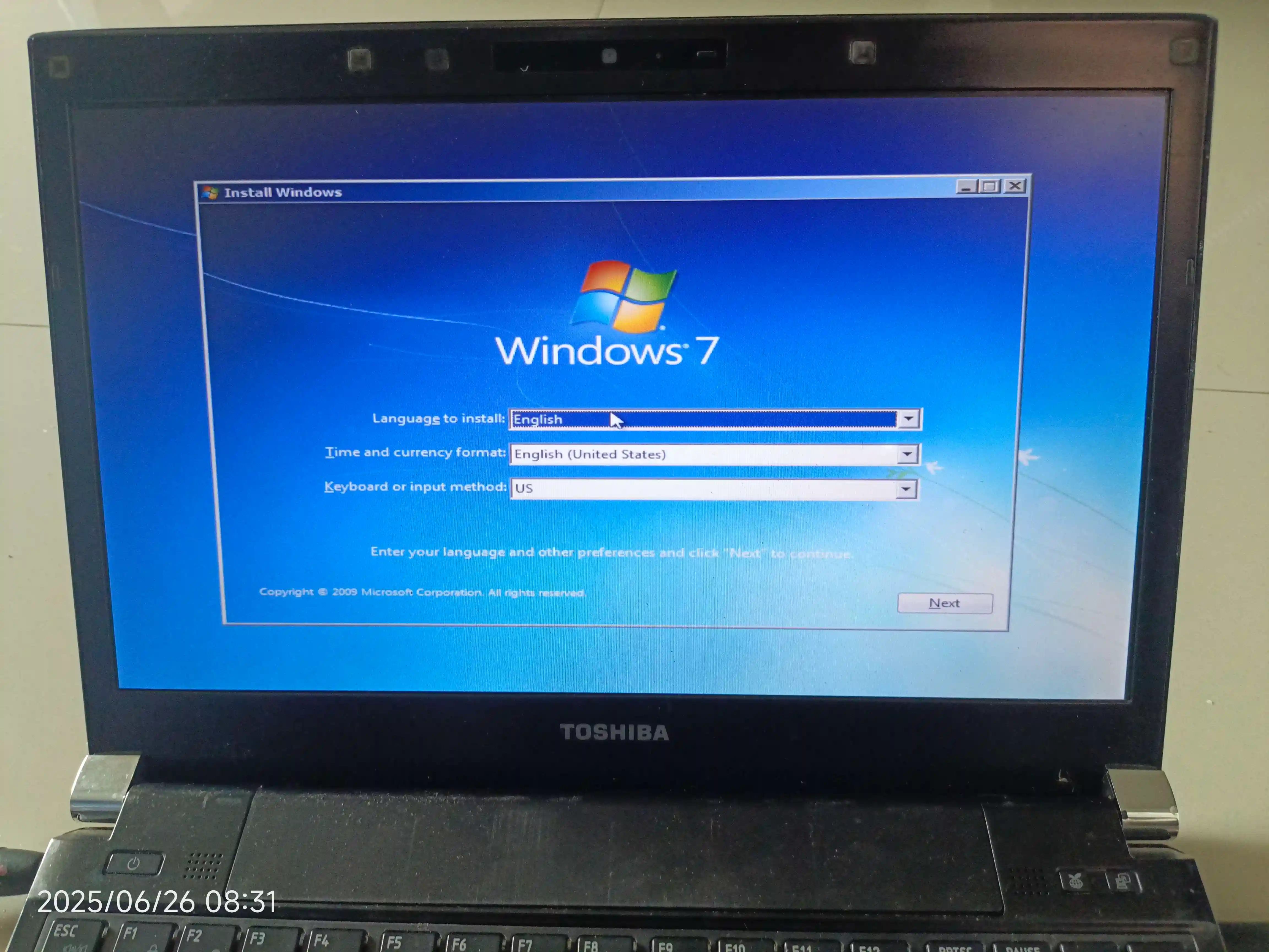 the screen reveals a windows setup