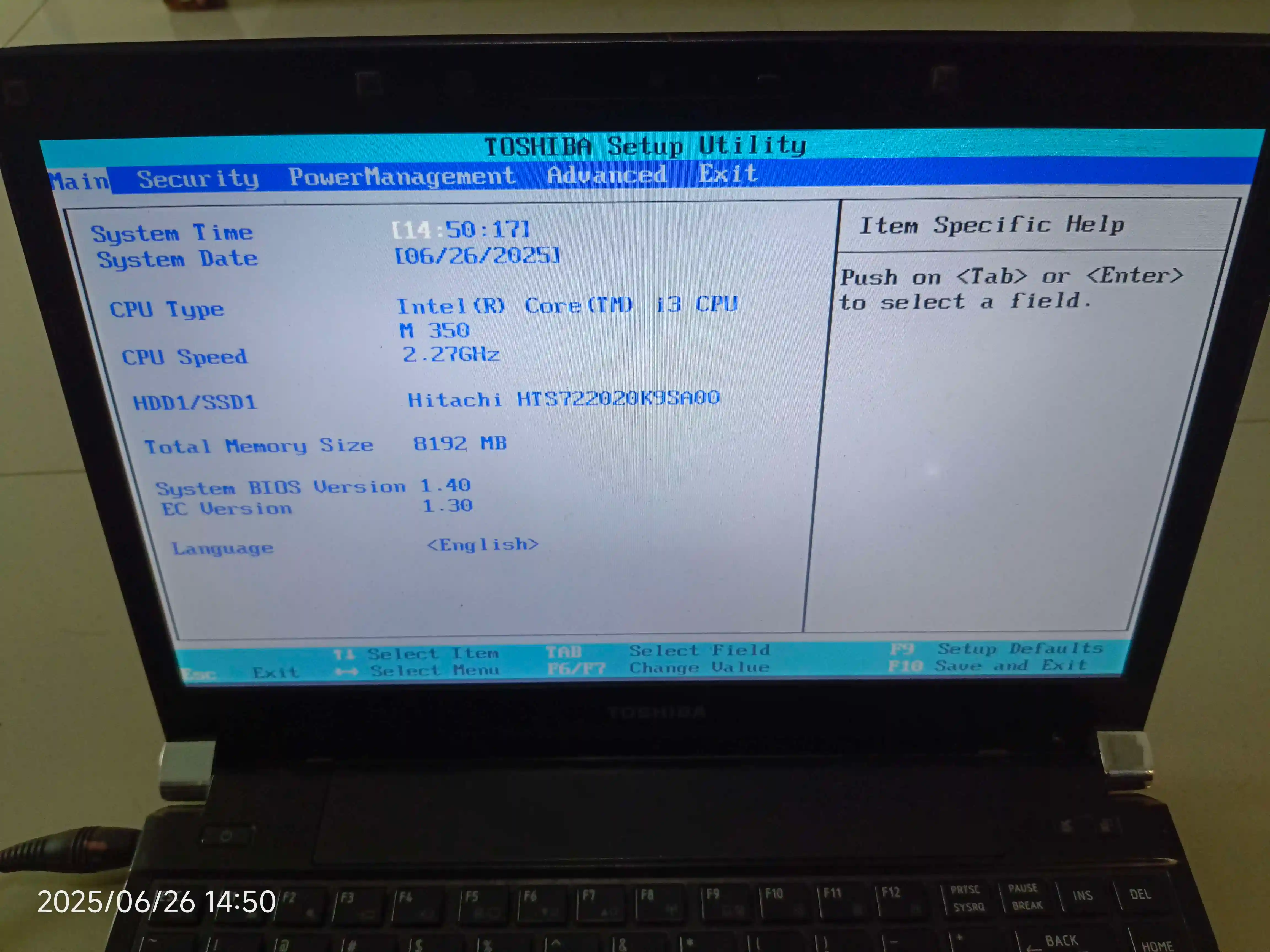 toshiba bios main section